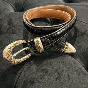 VTG Nocona Scrollwork Black Leather Belt Silver Gold Made in USA Texas Cowgirl